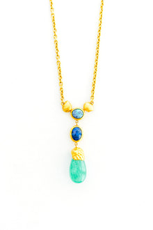 22K Yellow Gold Emerald Drop Seashells with 2 Black Opals on a 24” Handmade Chain