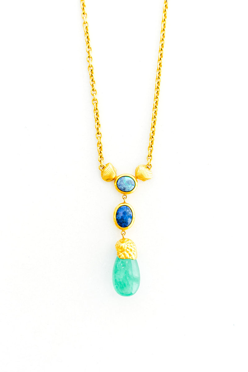 22K Yellow Gold Emerald Drop Seashells with 2 Black Opals on a 24” Handmade Chain