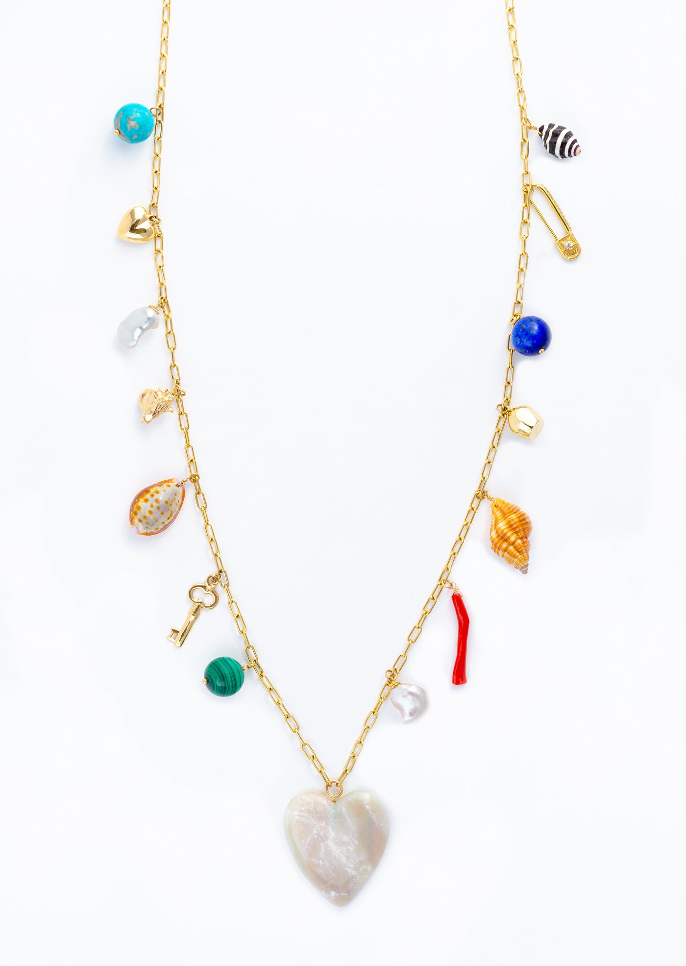 Haute-Victoire-26”-Charm-Necklace-with-14K-18K-and-24K-Yellow-Gold-and-Pink-Opal-Heart-Sapphire-Pearls-Turquoise-Lapis-Malachite-Tiger’s-Eye-Coral-and-Shells-Amarees