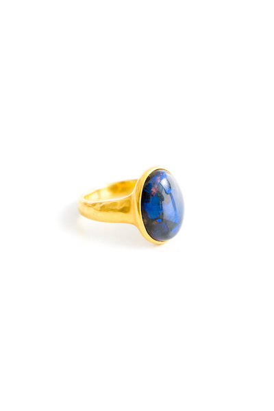 22K Yellow Gold Large Oval Boulder Opal Flash Ring