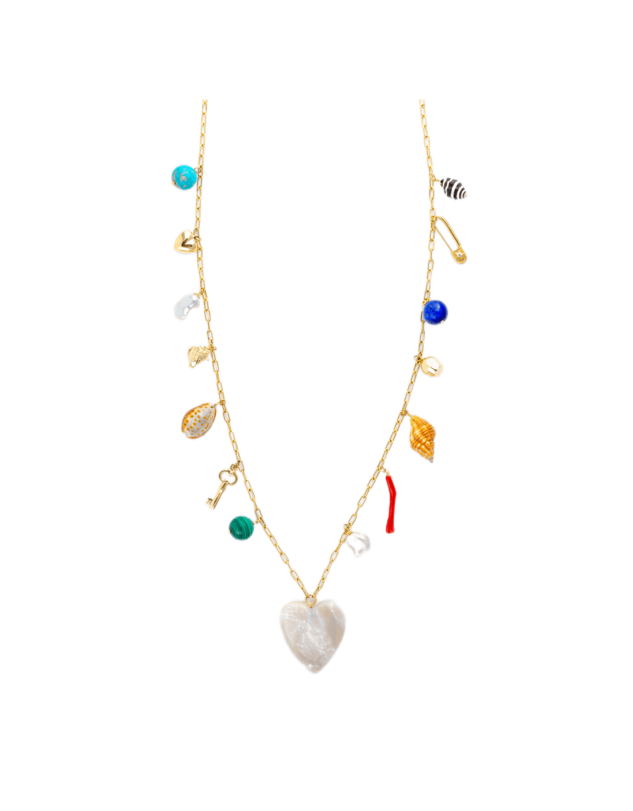 Haute-Victoire-26”-Charm-Necklace-with-14K-18K-and-24K-Yellow-Gold-and-Pink-Opal-Heart-Sapphire-Pearls-Turquoise-Lapis-Malachite-Tiger’s-Eye-Coral-and-Shells-Amarees
