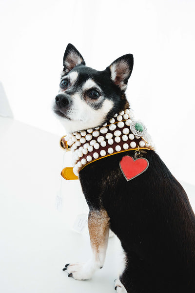 Pearl and Sterling Silver, Red Enamel Heart, and Diamond Dog Collar