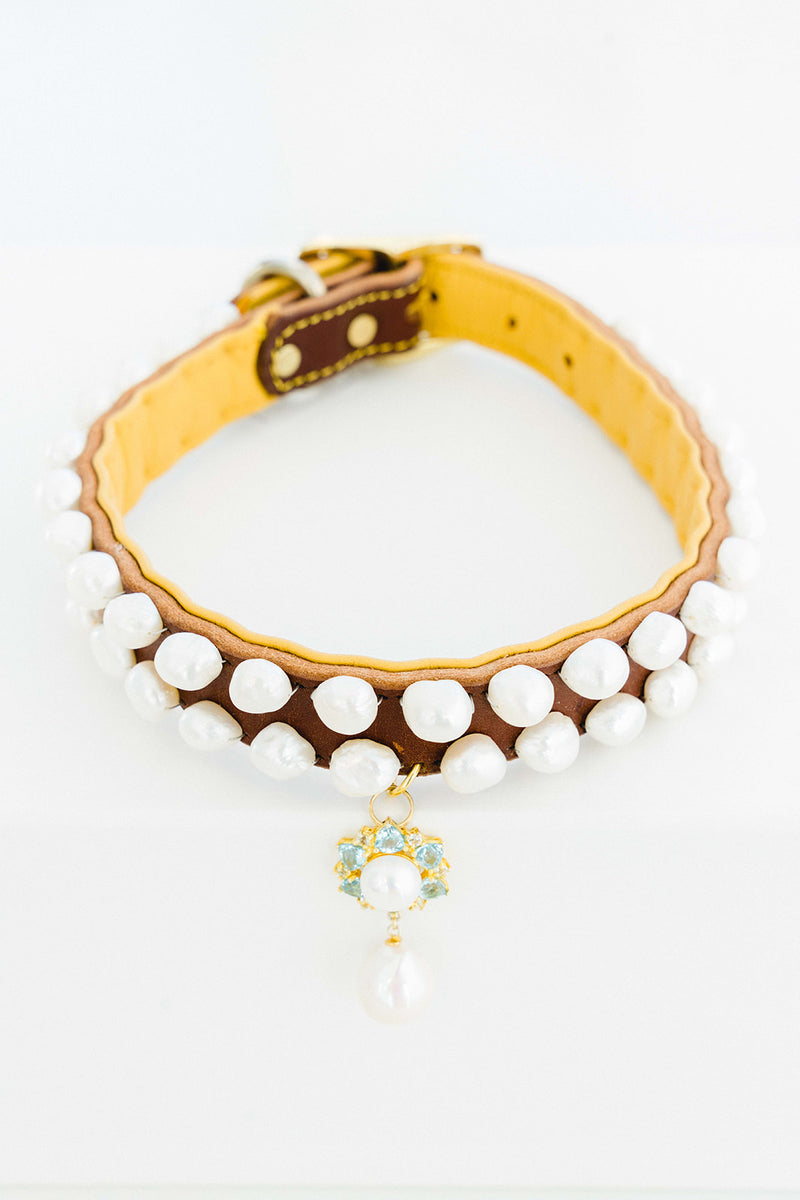 Pearl and Blue and White Topaz Dog Collar