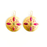22K Yellow Gold Sheet Discs with Marquis Shaped Cabochon Rubies, Faceted Rubies, and Cabochon Peridot