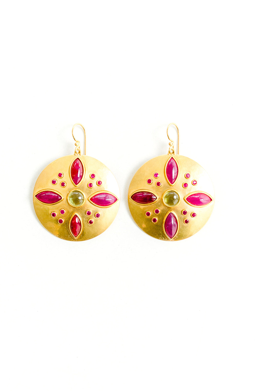 22K Yellow Gold Sheet Discs with Marquis Shaped Cabochon Rubies, Faceted Rubies, and Cabochon Peridot