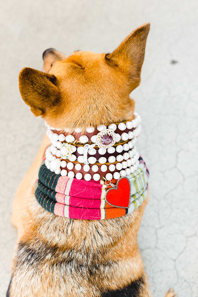 Pearl and Sterling Silver, Red Enamel Heart, and Diamond Dog Collar