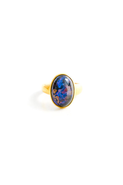 22K Yellow Gold Large Oval Boulder Opal Flash Ring
