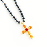 30" Black Onyx Necklace with 22K Yellow Gold Faceted Orange and Yellow and Blood Orange Fire Opal Cross