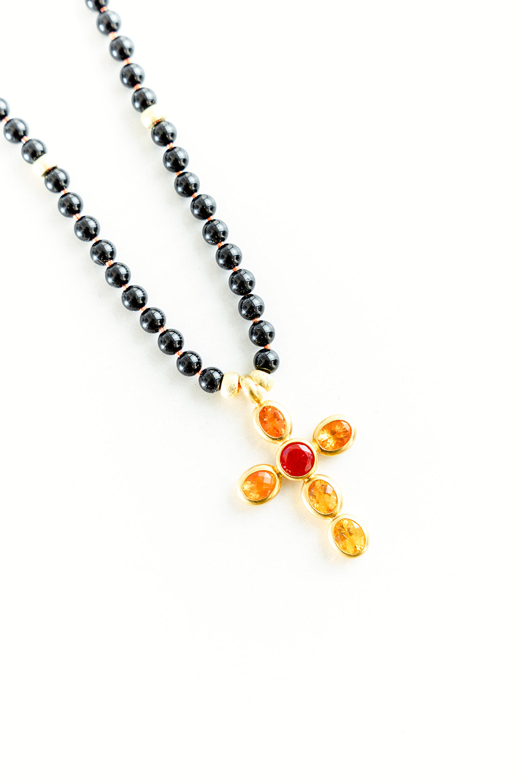 30" Black Onyx Necklace with 22K Yellow Gold Faceted Orange and Yellow and Blood Orange Fire Opal Cross