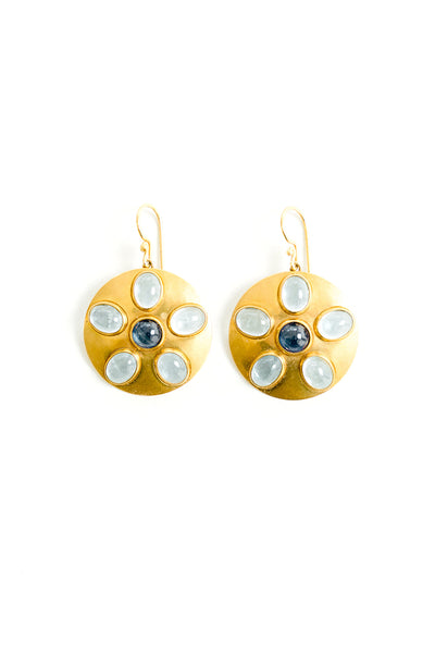 22K Yellow Gold Discs with Cabachon Aqua and Sapphire