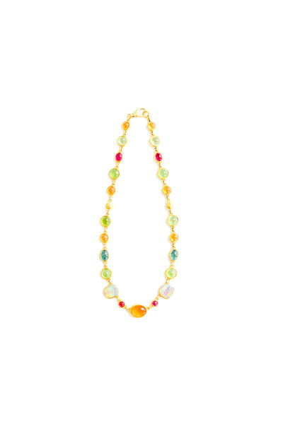 22K Yellow Gold Catalina Necklace with Black Opal, Fire Opal, Peridot, Spessartite, Rubelite and Gold Seashells
