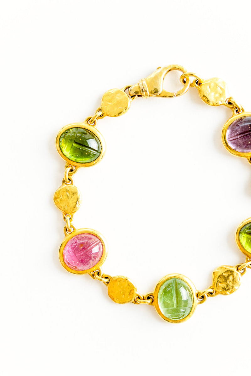 22K Yellow Gold 5 Scarab Bracelet with 8mm Coin Nuggets & Lobster Claw
