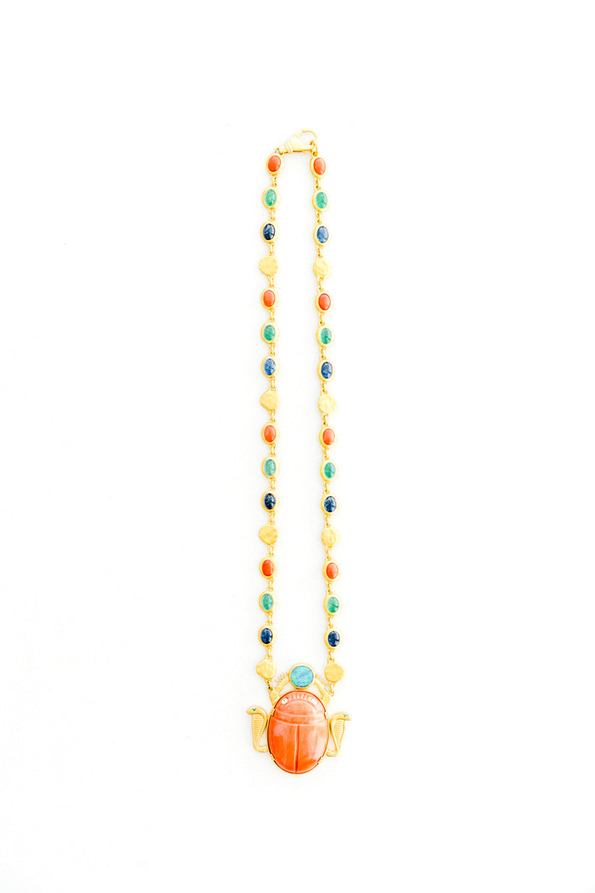 22K Yellow Gold with Sapphires, Emeralds, Coral, Gold Coins with Large Coral Scarab with Cobras