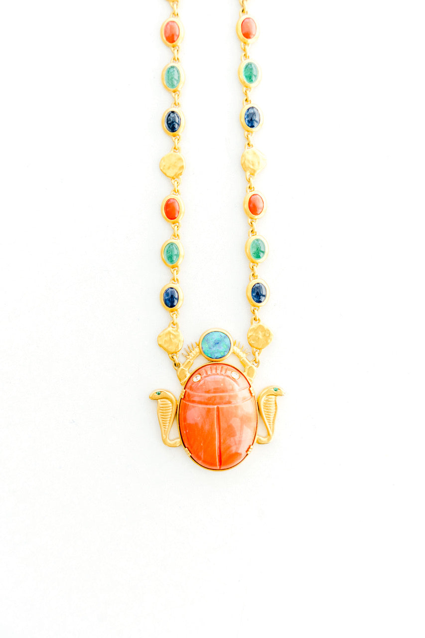 22K Yellow Gold with Sapphires, Emeralds, Coral, Gold Coins with Large Coral Scarab with Cobras