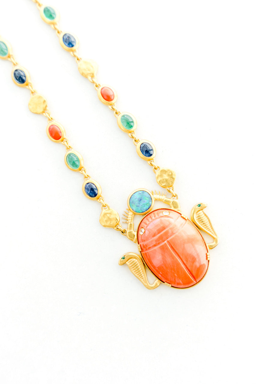 22K Yellow Gold with Sapphires, Emeralds, Coral, Gold Coins with Large Coral Scarab with Cobras