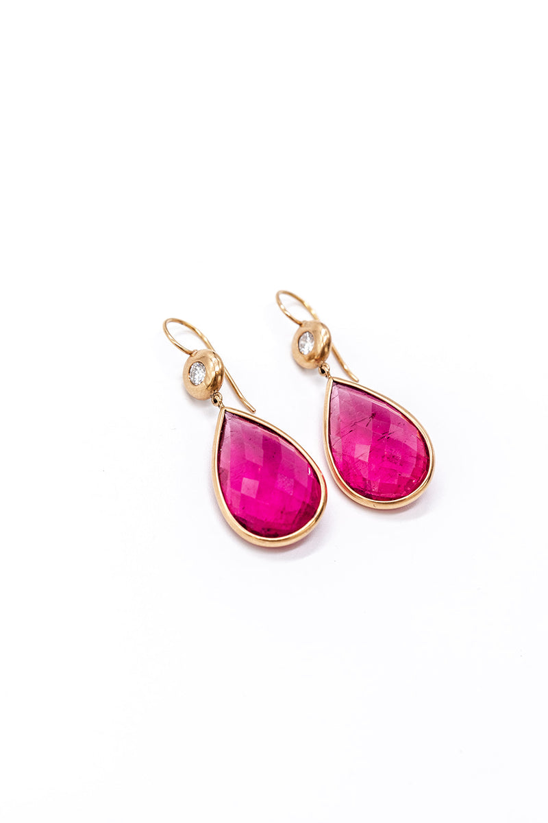 22K Rose Gold Pearshaped Rubelite and Diamond Earrings