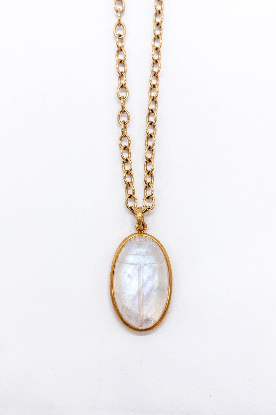 Large Rainbow Moonstone Scarab Necklace