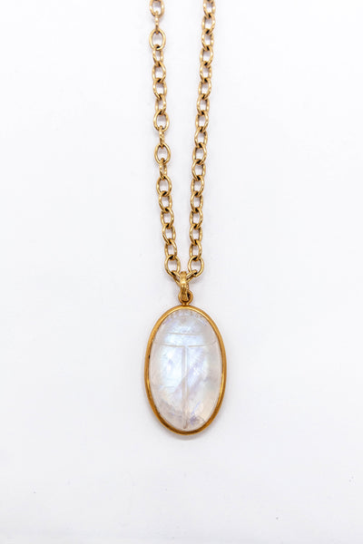 Large Rainbow Moonstone Scarab Necklace