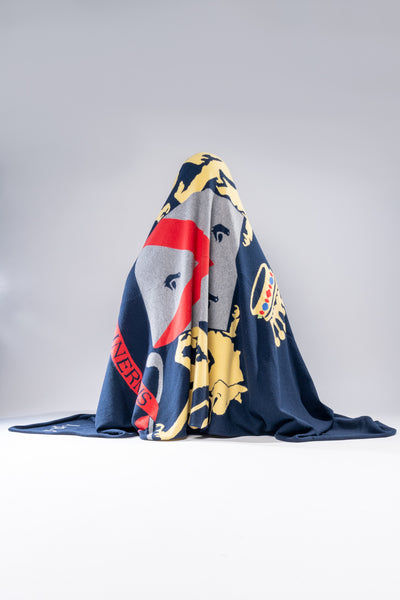 Navy Intarsia Crest Cashmere Blanket