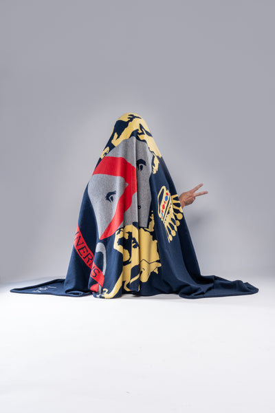 Navy Intarsia Crest Cashmere Blanket
